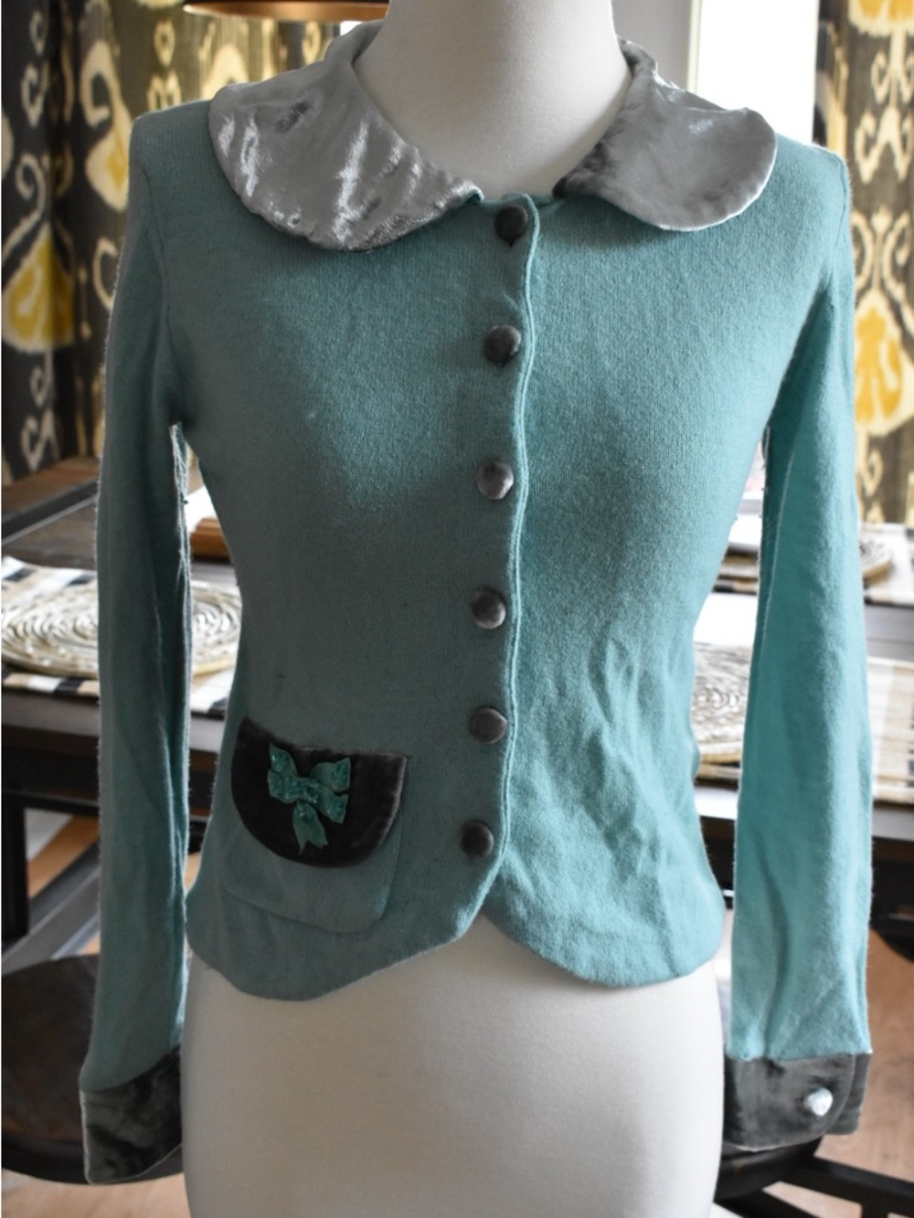 Jill Stuart Embellished Vintage Collar Cardigan Sweater | Velvet Trim Bow Detail